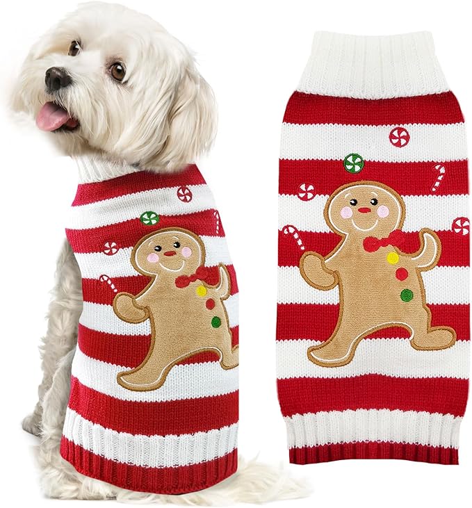 Dog Christmas Sweater Xmas Pet Clothes Cute Striped Gingerbread Man Costume Holiday Puppy Cat Jumpers Outfits New Year Gifts for Small Medium Large Dogs(Red Gingerbread Man,S)