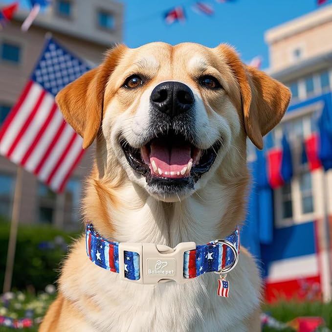4th of July Dog Collar, Stars & Stripes Patriotic Dog Collars for Medium Dogs, Adjustable Lightweight Quick-Release Buckle Collar for Boy&Girl Dogs M