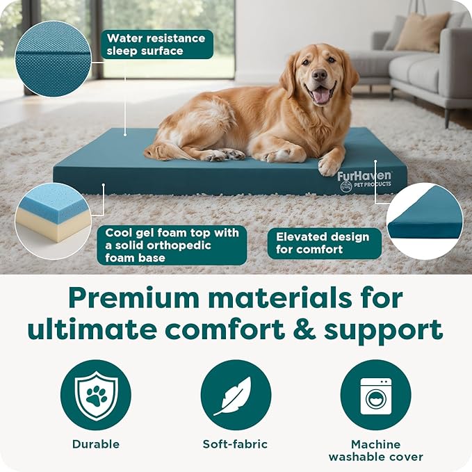 FurHaven Water-Resistant Orthopedic Dog Bed for Large Dogs, Oxford Polycanvas Mattress with Orthopedic Solid Slab Foam for Joint Support, Removable Washable Cover, Large, Deep Lagoon
