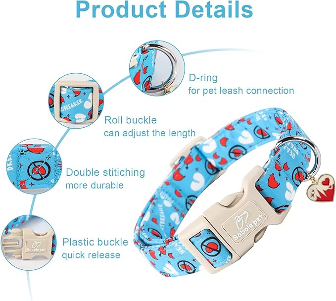 Valentines Dog Collar, Blue Heart Dog Collar, Cute Loving Heart Printed Collar with Quick Release Plastic Buckle for Boys&Girls Dogs, X-Large
