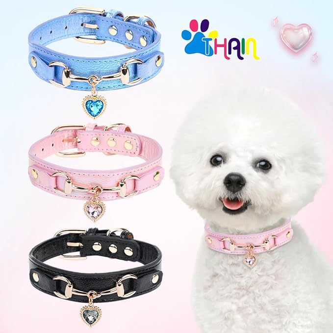 THAIN Fashion Dog Collar with Bling Diamonds & Heart Charm – 5 Holes Adjustable PU Leather Rhinestones Necklace Collar, Gold Buckle for Medium Dogs Girl (Pink, M)