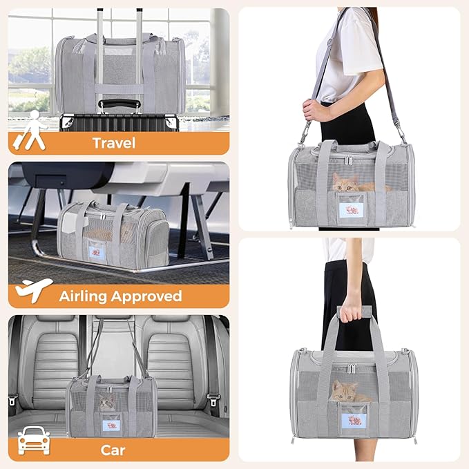 Cat Carrier Soft for Pets Up to 25 Lbs, Cat Travel Bag with Padded Shoulder Strap and Detachable Cat Food Bowl, Pet Dog Carriers for Small Dogs Travel Puppy Carry Airline Approved, Grey