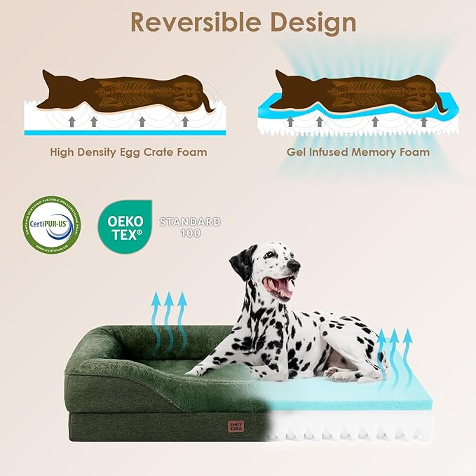 EHEYCIGA Orthopedic XXL Dog Bed for Large Sized Dog, 52x41x8 Inch Extra Large Memory Foam Dog Couch Bed with Sides, Waterproof Liner & Washable Removable Cover, Bolster Pet Sofa, Dark Green