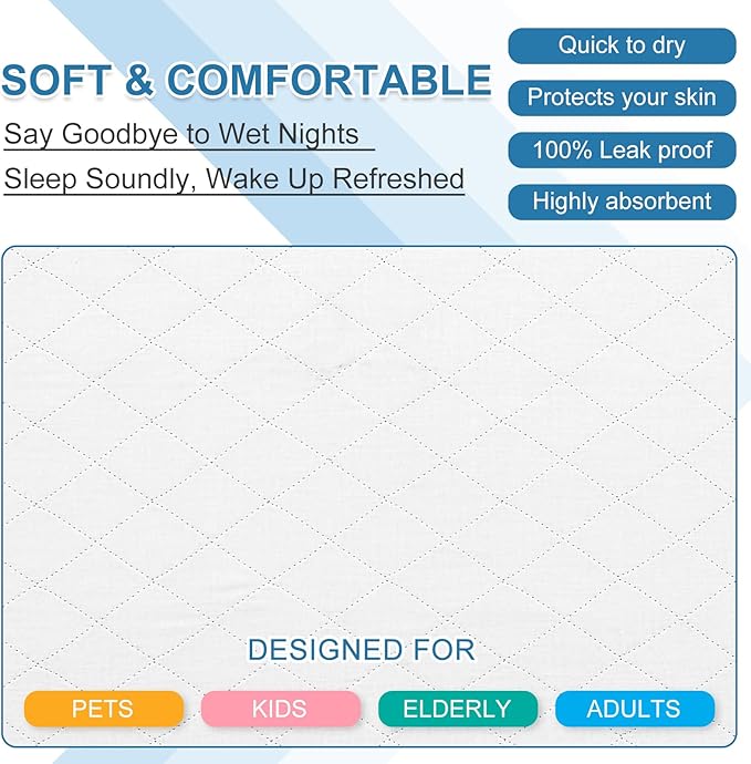 OUTCREATOR® Washable Bed Pads 34" x 56" (Pack of 2), Incontinence Mattress Protector, Anti-Slip Waterproof Underpads for Adults Kids Elderly Pets, Absorbency & Reusable Bedwetting Pads (White)