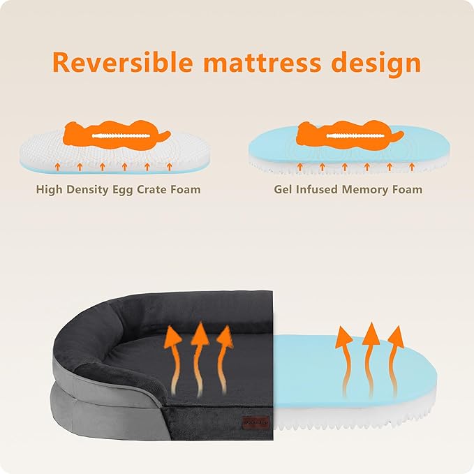 Dwanton Orthopedic Dog Bed for Extra Large Dogs with Gel Memory Foam, Waterproof Dog Sofa, Washable Pet Bed with Four Sided Bolster Cushion, Removable Cover & Non-Slip Bottom, 45", Dark Gray