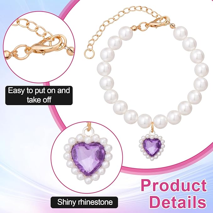 2pcs Cat Dog Pearl Collar, Small Heart Shape Rhinestone Pet Necklace, Adjustable Wedding Party Pet Jewelry Accessories for Puppy Small Cats- Purple & Red