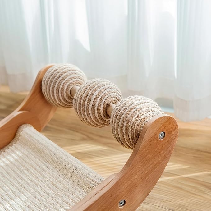Sisal Cat Scratcher Bed with 3 Toy Balls for Indoor Cats, Durable Wooden 3-in-1 Hammock Lounge & Scratch Pad - Modern Furniture for Large Cats, Scratching Post Lounger