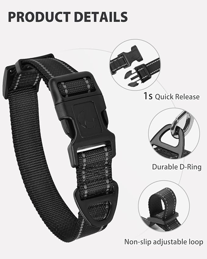 Joytale Small Dog Collar, Reflective and Adjustable Nylon Collar with Quick-Release Buckle, Lightweight No-Choke Design for Small Dogs, Black, 5/8" Width