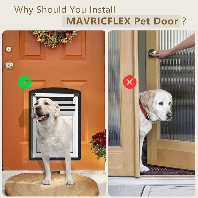MAVRICFLEX Large Dog Door for Door - All-Stainless Steel Frame, Weather-Resistant Double Soft Flaps, 2 Sliding ABS Panels for Indoor/Outdoor Use, Fits Large Dogs Up to 110 LBS, Easy Install， Black