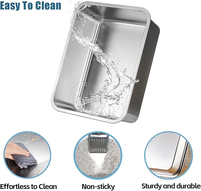 Stainless Steel Cat Litter Box - XL Metal High Sided Cat Pan Tray, Easy to Clean Non Stick Odorless Large Pet Toilet Supplies for Big Cats Kitty Kitten, 23.6 x15.75 x6 Inch, Silver