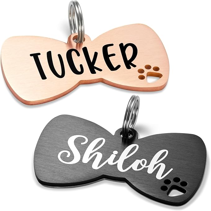 Ultra Joys Dog Tags Personalized for Pets - Hollow Paw Custom Pet ID Tag - Engraved Dog Tag for Small, Large Dogs - Large Bow Tie in Rose