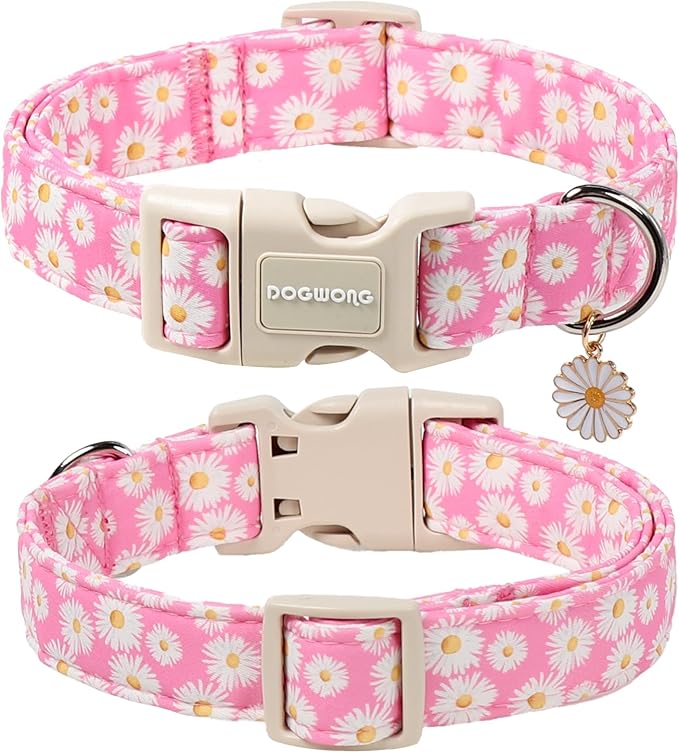 DOGWONG Flower Dog Collar-Daisy Flower Print Girl Dog Collar for Large Cute Dog Collars Spring Female Pet Gift Adjustable Heavy-Duty Soft Collar，XL