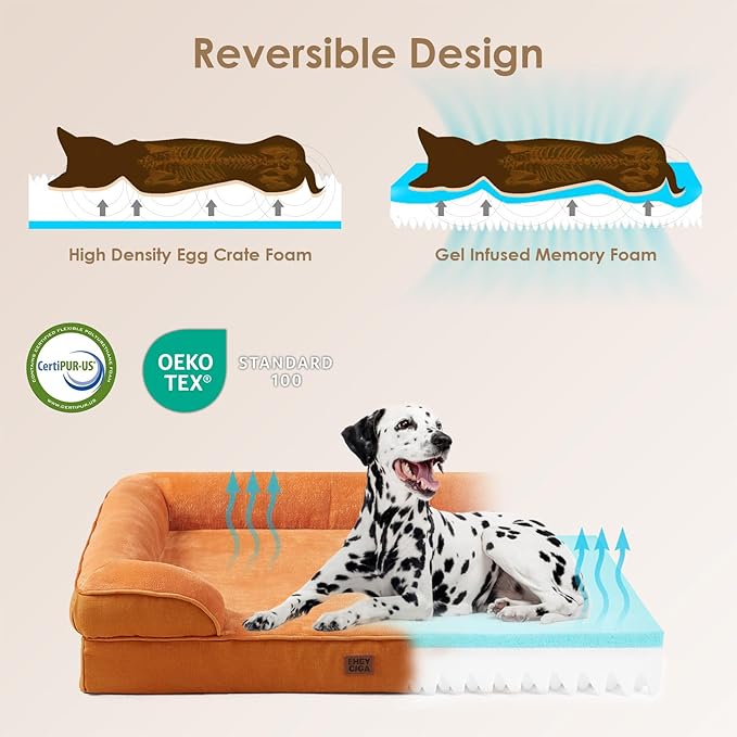 EHEYCIGA Orthopedic Dog Beds for Large Dogs, Waterproof Memory Foam Large Pet Bed with Sides, Non-Slip Bottom and Egg-Crate Foam Dog Couch Bed with Washable Removable Cover,Pumpkin Orange