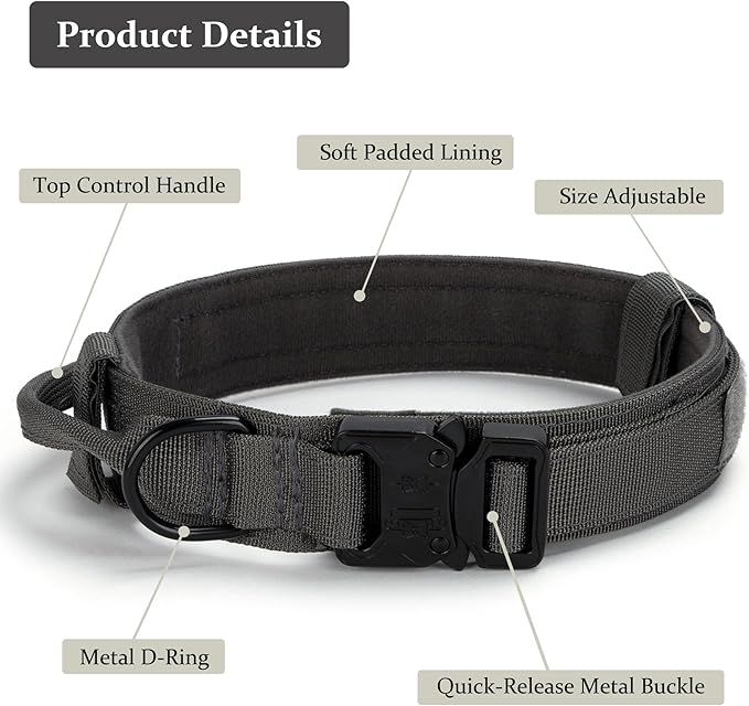 Tactical Dog Collar, Adjustable Military Training Nylon Dog Collar with Control Handle and Heavy Quick-Release Metal Buckle for Small Medium Large Dogs, Grey XXL