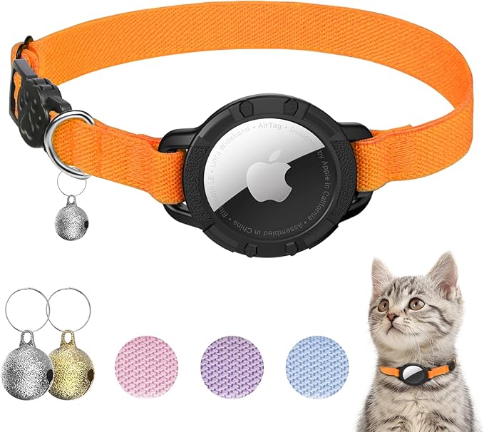 AirTag Cat Collars, Stretchy Collar with Apple AirTag Holder and Bell, Breakaway Ultra Design Elastic GPS Tracking Collars for Cats and Puppies, (7.5-12.5 Inch), Orange