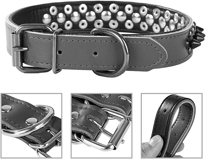 Spiked Studded Dog Collar, Genuine Leather Dog Collar, Adjustable Pet Collars for Medium Large Bulldog Pitbull Mastiff Poodle Boxer (L:37-47cm, Brown-1)