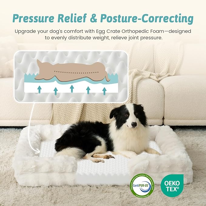 Orthopedic Dog Bed for Large Medium Size Dog, Soft and Warm Faux Fur Sofa for Pet Up to 75 lbs, Foam Bolster Anti-Slip Couch with Washable Removable Cover, L 36x27x6.5 inch, Beige