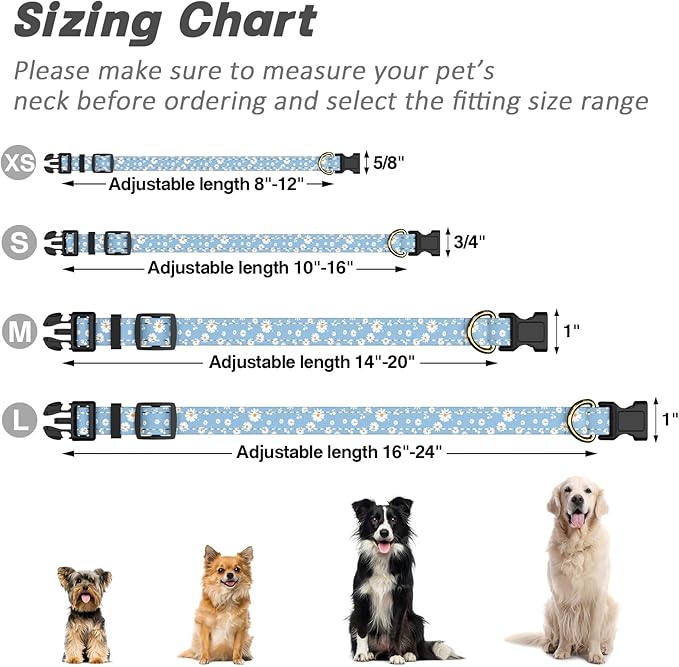 Reflective Dog Collar for Large Dogs, Cute Daisy Theme Adjustable Heavy-Duty Nylon Puppy Collar for Boy and Girl Female, Soft Pet Accessories with Quick Release Buckle, Neck 16-24", Blue