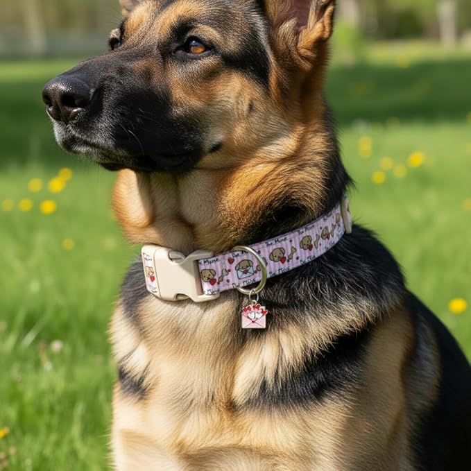 Pink Dog Collar, Girl Dog Collar with Cute Dogs and Hearts, Cute Spring Summer Food Collar with Soft & Breathable Fabric, Adjustable Pet Collar for Medium Dogs