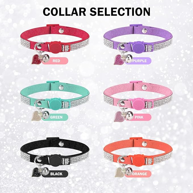 Rhinestone Cat Collar Breakaway with Bell, Diamond Cat Collar with Safety Buckle Quick Release for Girl Boy Small Kitten Pets Puppy,Cute Soft Female Male Cat Collars,Color Pink & Black 8-12"