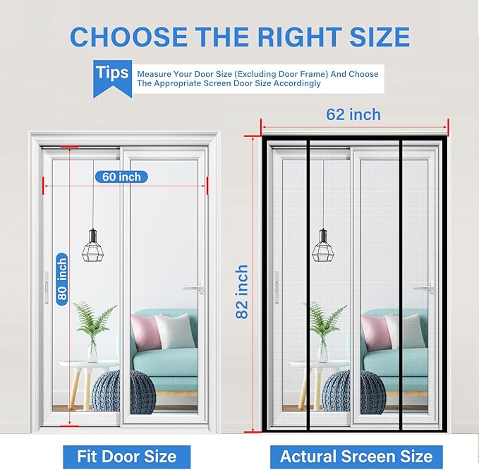 Magnetic Screen Door Upgraded PET Mesh Stronger Than Fiberglass and Polyester,Hands Free,Keeps Bugs Out,Pet & Kid Friendly,Suitable for Sliding Door,Large Patio Door and French Door-60''x80''