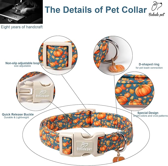 Fall Dog Collar Cute Autumn Pumpkin Puppy Collar - Light Comfortable Adjustable Pet Collars for Small Medium Large Girl Boy Dogs XS
