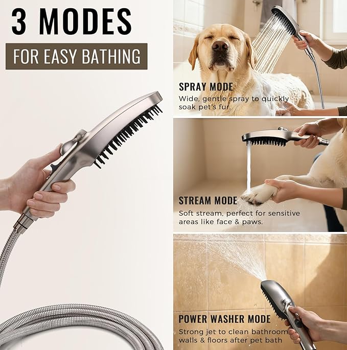G-Promise 3 Mode Dog Shower Attachment with Pause Mode, Dog shower Sprayer with 78 Inches Stainless Steel Hose, Metal Diverter, Adhesive Holder, for Fast and Easy Dog Bathing and Cleaning