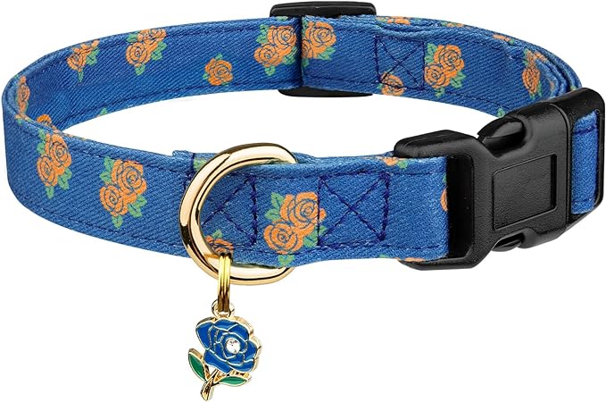Cotton Handmade Dog Collar Cute and Distinctive Patterns Blue Rose with Pendant for Girl Boy Dogs Collars L