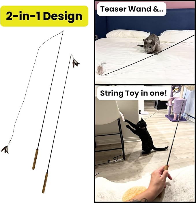 Forever Stick 2-Pack - The Unbreakable Cat Toy Wand, Extra Long Durable Interactive Cat Toy for Indoor Cats, Feather Kitten Toys for Bored Indoor Adult Cats, Bird Teaser Cat Accessories