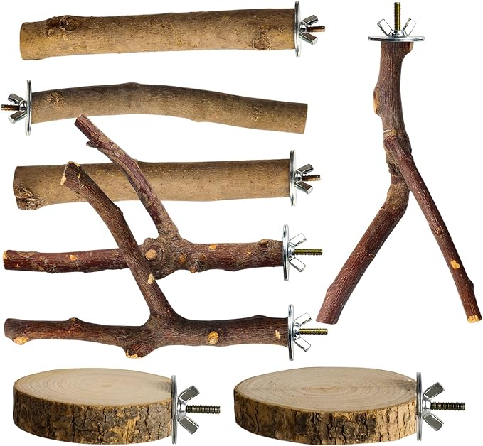 8 Pack Natural Wood Bird Perches, Parrot Perch Stand Bird Cage Accessories for Budgerigar Cockatiels, Conures, Lovebirds