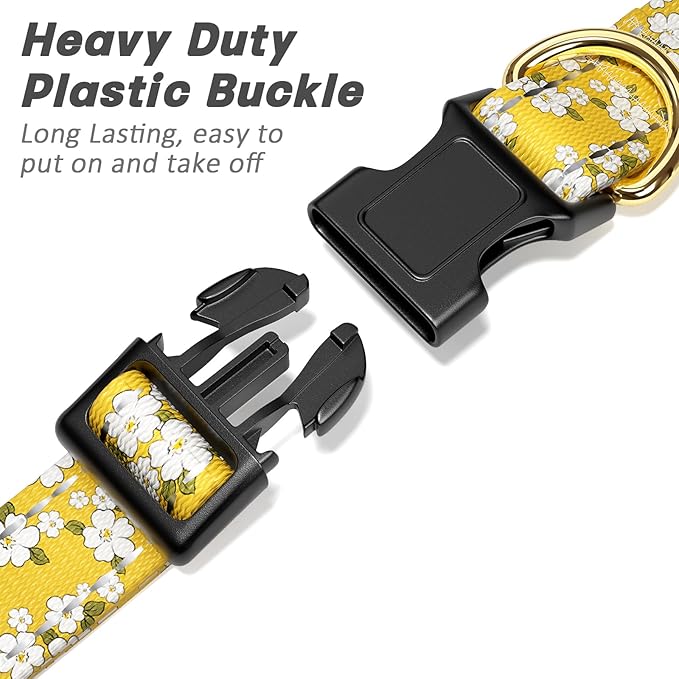 Reflective Dog Collar for Large Dogs, Cute Flower Theme Adjustable Heavy-Duty Nylon Puppy Collar for Boy and Girl Female, Soft Pet Accessories with Quick Release Buckle, Yellow