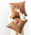Oversized Vintage Decorative Pillow Covers 28x28, Pack of 2 Brown Thickened Abrasion Farmhouse Faux Leather Cushion Cover, for Home Decor Outdoor Pet Hair Resistant Throw Pillow Covers