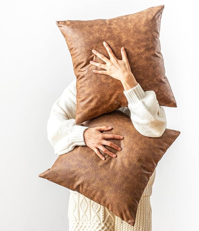 Leather Throw Pillow Covers Pack of 2 Brown, Modern Boho Thickened Floor Decorative Pillow Covers, for Home Decor Outdoor Waterproof Pet Hair Resistant Abrasion Cushion Cover 20x20 inch.