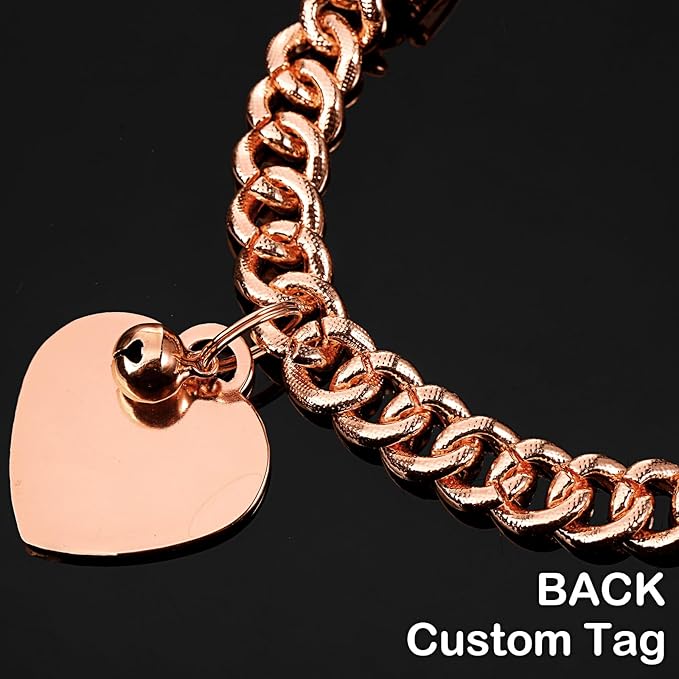 Hillban Dog Chain Gold-Plated Diamond Collar with Heart Rhinestones Jewelry Pet ID Tag Chain Bling Puppy Collar with Personalized Name Tag for Small Medium Large Dog Cat(Rose Gold,16 Inch)