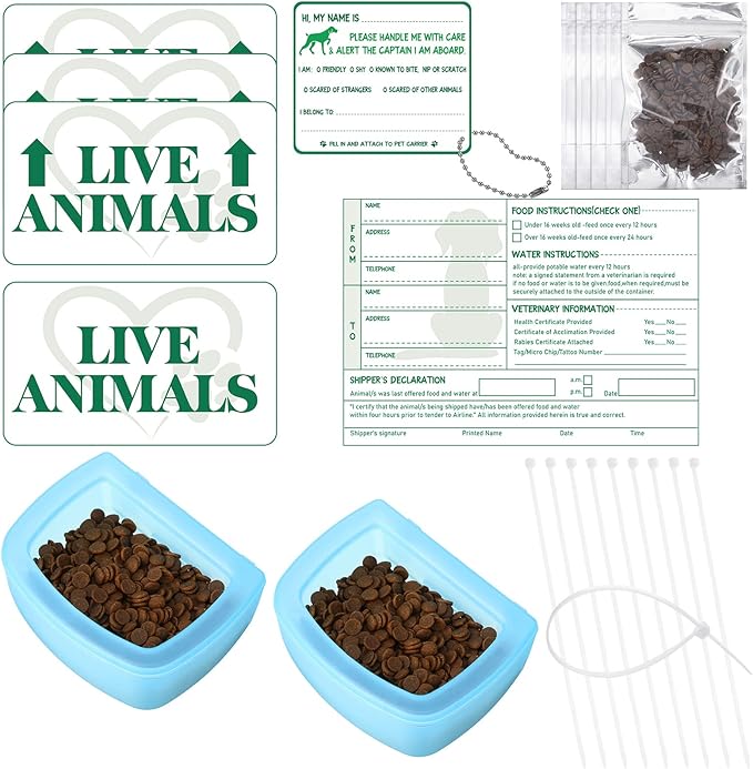 Eaasty 23 Pcs Pet Airline Travel Kit Kennel Travel Kit, Includes 4 Live Animal Stickers 2 Pet Bowl 1 Live Pets Label 5 Storage Bag 10 Cable Ties 1 Tag Animal Outdoors Accessories for Dogs Cats
