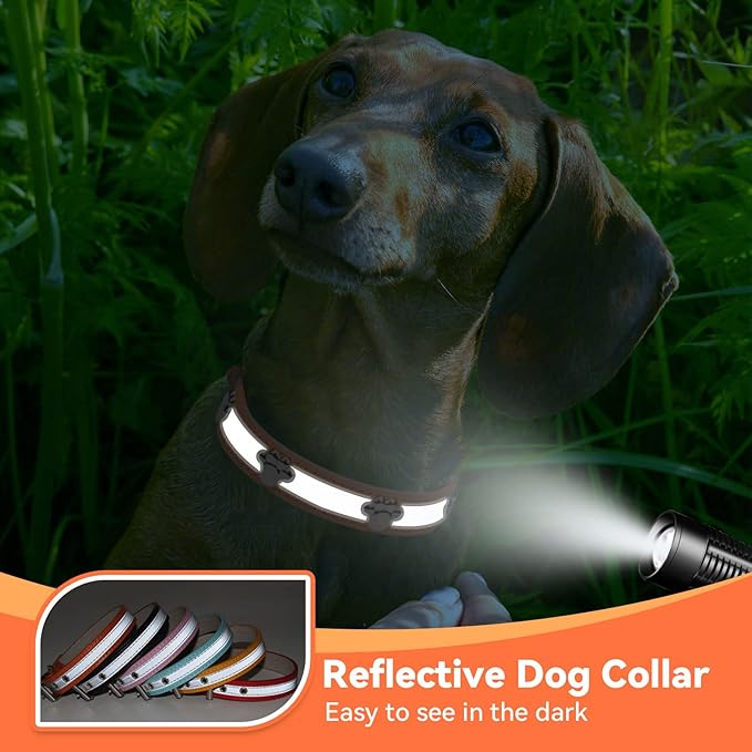 PETCARE Reflective Dog Collar with Cute Paw Rivet Studded Funny Soft PU Leather Adjustable Puppy Dog Collars for Small Medium Large Dogs Cats (Orange,Small)