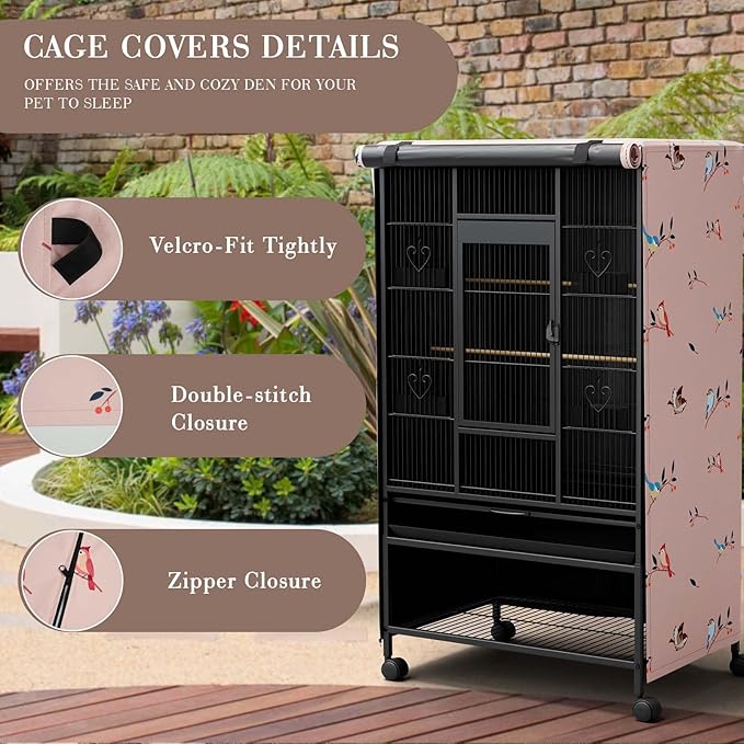 Tchvt Nighttime Bird Cage Covers with Zipper Panel Blackout Birdcage for Winter Universal Breathable Large Good Night Enclosure for Bird (Bird Designs, 19x19x40 inch)