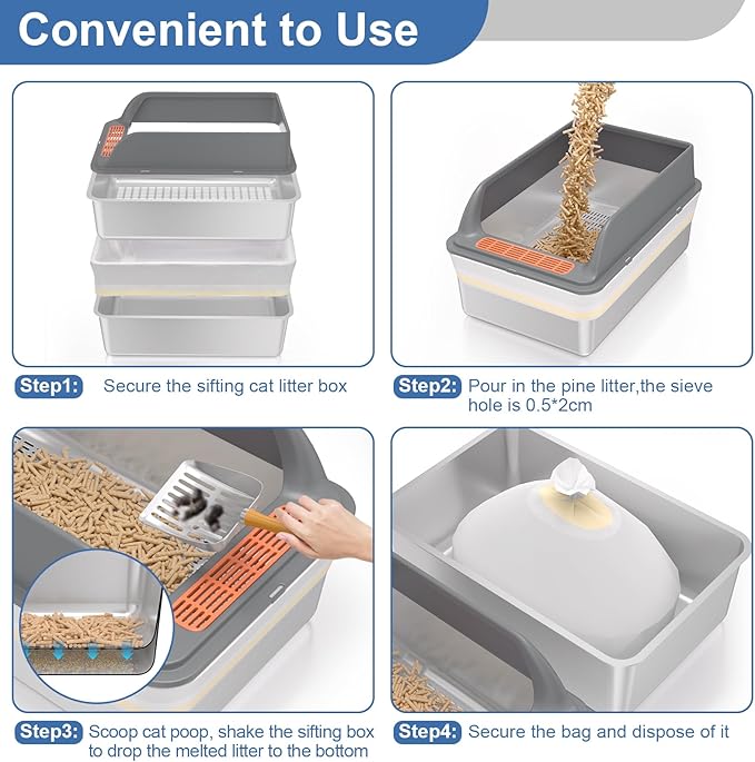 Stainless Steel Sifting Litter Box with Lid, Medium Sifting Cat Litter Box for Pine Pellets & Big Cats,Metal Pellet Sifter Litter Pan System for Odor Control,Sifting Box Liners & Scoop