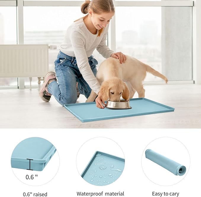 Dog Food Mat,Silicone Waterproof Food Tray,Non Slip Pet Bowl Mats Placemat,0.6" Raised Edge,Suitable for Most Small and Medium Sized Pets,18.5" x 11.5"