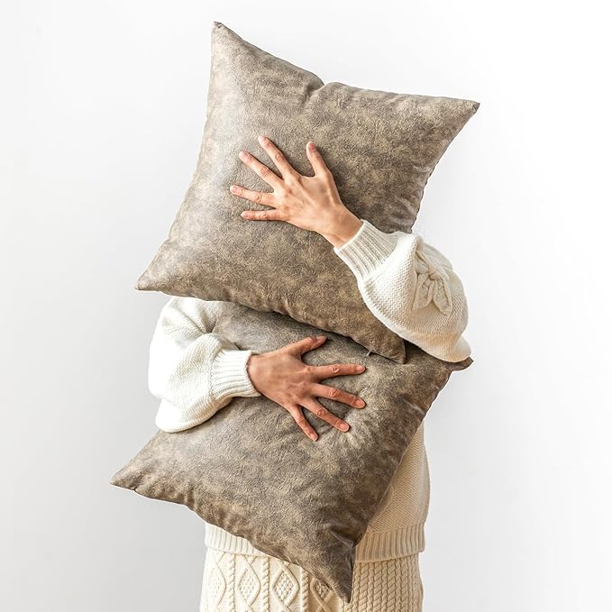 Faux Leather Throw Pillow Covers Decorative, Pack of 2 Thickened Rustic Farmhouse Cushion Cover, for Home Decor Outdoor Waterproof Pet Hair Resistant Pillow Covers 18x18 inch Olive Green