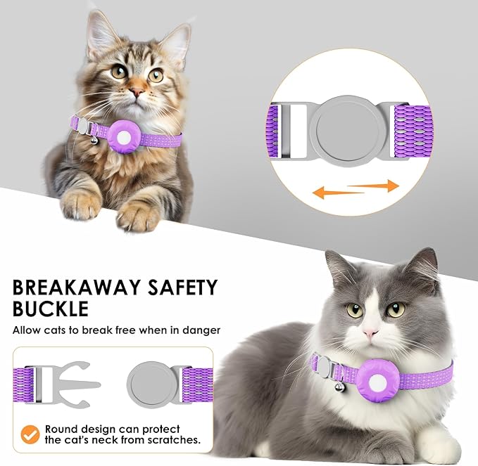 Cat Tracker, GPS Tracker Compatible with Apple Find My App(Only iOS), Waterproof Cat Tracker Collar with Bell and Safety Elastic Buckle, No Monthly Fee Pet Trackers for Vehicles, Pets, Kids (Purple)