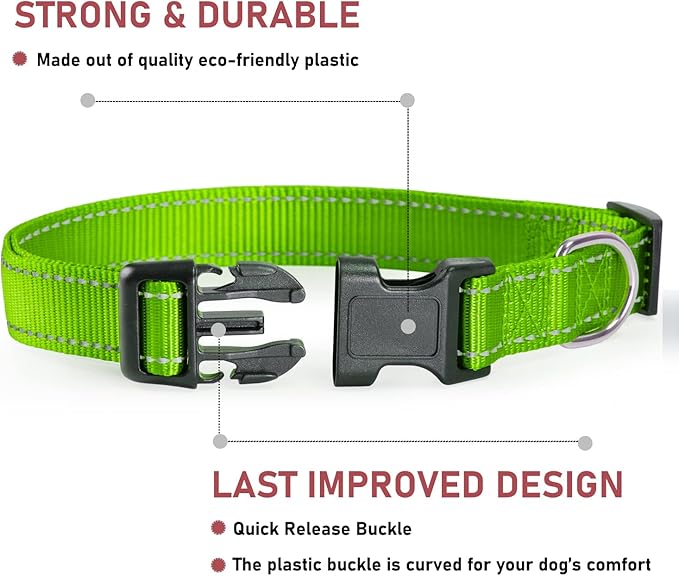 Reflective Dog Collar with Buckle Adjustable Safety Nylon Collars for Small Medium Large Dogs, Grass Green XL