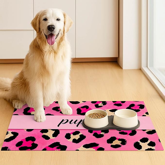 Puppy Feeding Mat 20x12 inch Pink Leopard Print Dog Bowl Placemat Non Slip Mat for Pet Food and Water Small Dog Feeding Area Indoor Puppy Feedings Station Pet Meal Mats for Kitchen