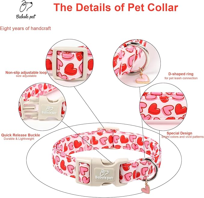 Valentines Dog Collar for Medium Dogs - Pink Valentine Hearts Dog Collars, Girly Love Female Dogs Collars, Lightweight Adjustable Cute Puppy Collar with Quick-Release Buckle M