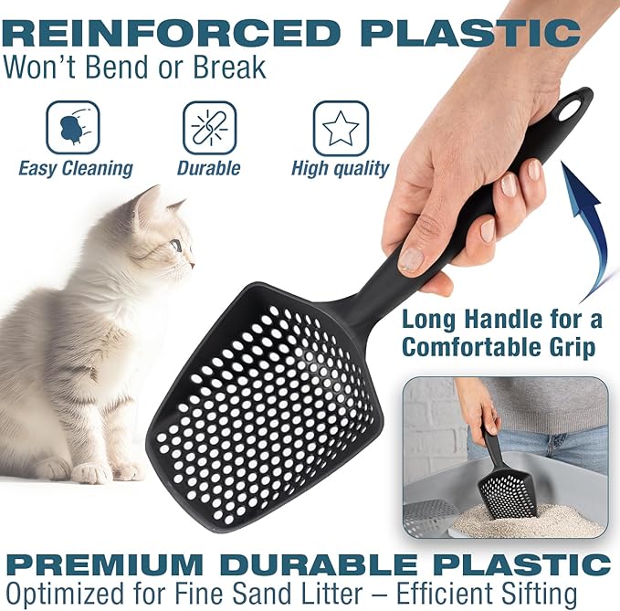 Set of 1 Cat Litter Scoop with Small Holes, Deep Sifting Shovel for Fine Litter, Reptile Terrarium Sand & Rabbit Pooper Lifter, Hanging Handle Poop Scooper (Black, Set of 1)