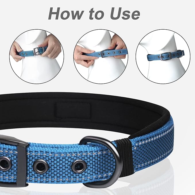 PetiFine Dog Collar for Large Dogs, Neoprene Padded and Adjustable, Reflective Wide Heavy Duty Pet Collars with Durable Metal Belt Buckle for Walking, Blue, L