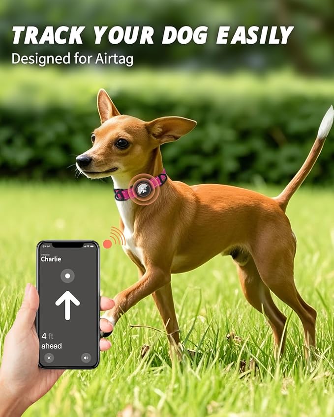 Joytale Airtag Dog Collar, Reflective Pet Collar with Waterproof AirTag Holder, Dual D-Rings, Soft Padded Adjustable for Small Dogs, Hotpink, S