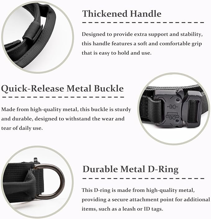Tactical Dog Collar Set, Adjustable Military Training Nylon Dog Collar with Control Handle and Heavy Quick-Release Metal Buckle for Small Medium Large Dogs, Black Set XL