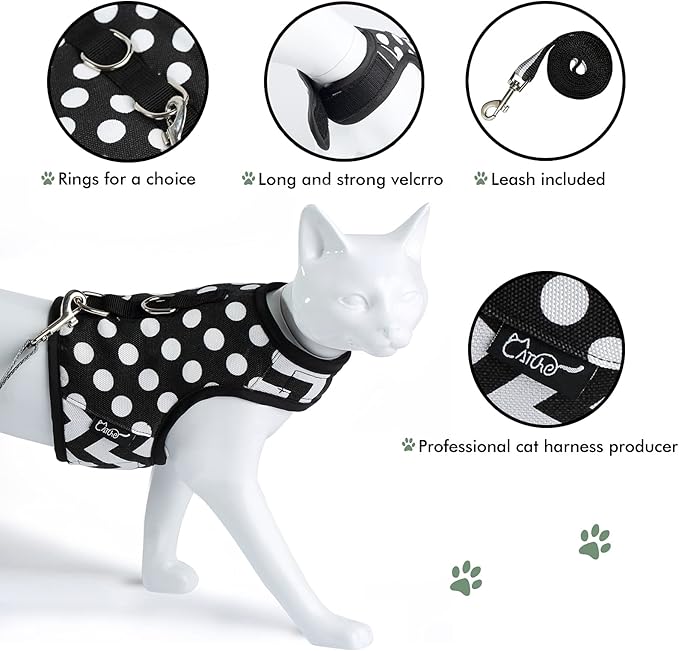 Cat Harness and Leash for Walking Escape Proof, Adjustable Cat Vest Harness, Padded Stylish Cat Walking Jackets, Polka Dot Black, Small
