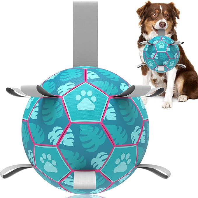 QDAN Dog Toys Soccer Ball, Tug of War Toy, Puppy Birthday Gifts, Water Toy, Durable Dog Balls for Medium Large Dogs, Lake Blue(8 inch)